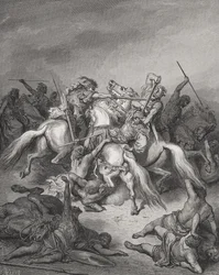 Abishai pelastaa Daavidin hengen, Samuel 2:17, kuvitus Doren teoksesta 