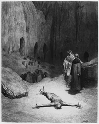 Ristiinnaulittu mies, kuvitus Dante Alighierin (1265-1321) teoksesta "The Divine Comedy" (Inferno), Pariisi, julkaistu 1885 (kaiverrus) (m/v kuva)