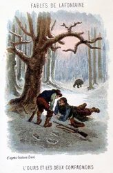 Kuvitus "Karhu ja kaksi seuralaista", La Fontainen satu, Gustave Dorén piirustuksen perusteella.