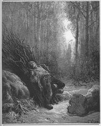 Kuolema ja puunhakkaaja - Jean de La Fontainen (Lafontaine) (1621-95) teoksesta "Faabelit" - kaiverrus Gustave Dorén (1832-83) mukaan - yksityiskokoelma
