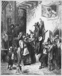 Tyhmä, joka myy viisautta - Hullu, joka myy viisautta - Jean de La Fontainen (Lafontaine) (1621-95) "Fablesista" - kaiverrus Gustave Doren (1832-83) mukaan - Yksityinen kokoelma