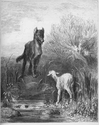 Susi ja karitsa, Jean de La Fontainen (Lafontaine) (1621-95) teoksesta "Faabelit", kaiverrus Gustave Dorén (1832-83) mukaan, yksityiskokoelma