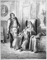 Le cobbler et le financier - Suutarit ja rahoittaja - Jean de La Fontainen (Lafontaine) (1621-95) "Fablesista" - kaiverrus Gustave Doren (1832-83) mukaan - Yksityinen kokoelma