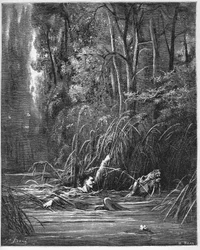 Puro ja joki - Jean de La Fontainen (Lafontaine) (1621-95) "Faabeleista" - kaiverrus Gustave Dorén (1832-83) mukaan - yksityiskokoelma