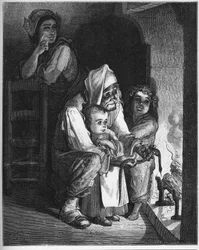 Kyläläinen ja käärme - Viljelijä ja kyykäärme - Jean de La Fontainen (Lafontaine) (1621-95) "Fablesista" - kaiverrus Gustave Doren (1832-83) mukaan - Yksityinen kokoelma