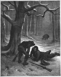 Karhu ja kaksi seuralaista - Karhu ja matkailijat - Jean de La Fontainen (Lafontaine) (1621-95) "Fablesista" - kaiverrus Gustave Doren (1832-83) mukaan - Yksityinen kokoelma