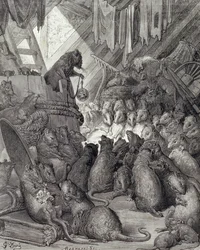 Rottien pitämä neuvosto, La Fontainen taruista, kaiverrus Antoine Valerie Bertrand (s.1823) n. 1868 (kaiverrus)