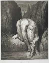 Jättiläinen Antaeus, Dante Alighierin (1265-1321) jumalallisesta komediasta (Inferno) n. 1868 (kaiverrus)