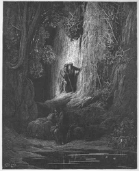 Tuomari, Hospitaller ja pasianssi - Jean de La Fontainen (Lafontaine) (1621-95) "Fablesista" - kaiverrus Gustave Doren (1832-83) mukaan - Yksityinen kokoelma