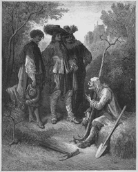 vanha mies ja kolme nuorta miestä - vanha mies ja kolme nuorta miestä - Jean de La Fontainen (Lafontaine) (1621-95) "Fablesista" - kaiverrus Gustave Doren (1832-83) mukaan - Yksityiskokoelma