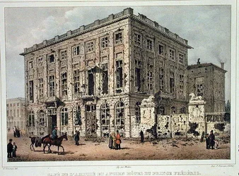 Cafe Amitie ja Old Hotel du Prince Frederic, Bryssel, 23.-26. syyskuuta 1830 käytyjen taistelujen jälkeen, kaiverrus Jean Baptiste Madou (1796-1877) (värinen kaiverrus)