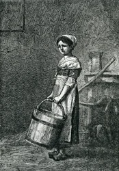 Cosette kantaa ämpäriä, kuvitus Victor Hugon teoksesta "Kurjat"