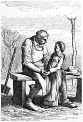 Cosette ja Jean Valjean Victor Hugon teoksessa "Kurjat", Brionin kuvittama, kustantajina Hetzel ja Lacroix