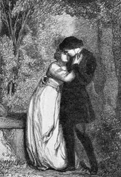 Cosette ja hänen sulhasensa Marius - Victor Hugon teoksessa "Kurjat", kuvittanut Brion, julkaisijat Hetzel ja Lacroix