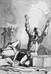 Gavroche kaatuu barrikadeilla - Victor Hugon teoksessa "Kurjat", kuvitus Brion, julkaisijat Hetzel ja Lacroix
