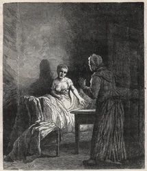 Marguerite astuu Fantinen huoneeseen ja Fantine näyttää hänelle kahta Napoleonia (kolikko), jotka voivat pelastaa Cosetten, hänen tyttärensä - Gustave Brionin (1824-1877) kuvitus Victor Hugon (1802-1885) elokuvaan "The Miserables - First part: Fantine" 186