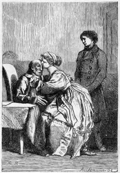 Marius ja Cosette vierailevat Jean Valjeanin luona sairaana - Victor Hugon "" Les Miserables" -kirjassa, sairas. kirjoittanut Brion, toim. Hetzel ja Lacroix