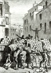 Barrikadi, kuvitus Victor Hugon (1802-85) teokseen "Kurjat"