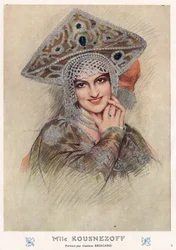 Muotokuva Maria Nikolaievna Kuznetsovasta (Maria Kuznetsova) (1880-1966), kuuluisa 1900-luvun Venäjän keisarikunta ja Neuvostoliiton oopperalaulaja ja tanssija Fantasiossa 1900-luvun alussa (piirustus)