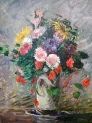 Ranskan kieli: Bouquet de marguerites, capucines et soleils dans un vase (Margerites, capucines et soleils dans un vase)
German: Margeritakimppu, nasturtium ja auringonkukat maljakossa.