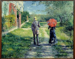 Polku ylös. Pariskunta kävelee maaseudulla. Gustave Caillebotten (1848-1894) maalaus