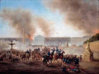 Pariisin kunta: "" kohtauksia rimeuteista Place de la Concordella"" Gustave Boulangerin (1824-1888) maalaus Sun. 0,49x0,64 m Pariisi, Musee Carnavalet.
