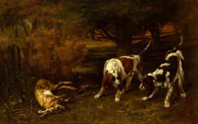 Metsästyskoiria ja kuollut jänis, 1857