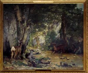 Peurojen toimitus Plaisir Fontaine -virtaan Gustave Courbet (1819-1877) maalaus 1866 su. 1,74 x 2,09 m.