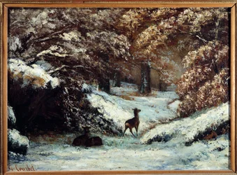 Peurojen toimitus talvella Gustave Courbetin (1819-1877) maalaus 1866 Su. 0,54x0,72 m Lyon, Musee des Beaux Arts