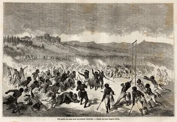 Gustave Doren (1832-1883) piirtämä pallopeli Choctaws-intiaanien, Mississippin alueen heimon, kanssa havainnollistamaan Baudouin Mollhausenin (1825-1905) Mississippi-matkaa Tyynellemerelle vuosina 1853-54. Kaiverrus "" Le tour du monde, nouveau j