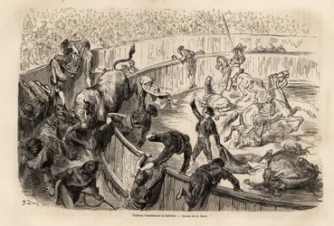Härkä ylitti esteen härkätaistelun aikana Valenciassa Gustave Doren (1832-1883) piirtämänä matkastaan Espanjaan C. Davillierin kanssa vuonna 1862. Kaiverrus kirjassa "" Le tour du monde ", toimittanut Edouard Charton