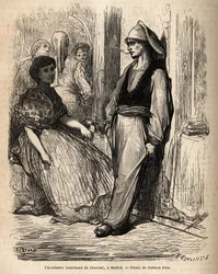 Suklaakauppias ulkoilmassa, luonnos vilkkaasta Madridista. Gustave Doren (1832-1883) kaiverrus havainnollistamaan hänen matkaansa Espanjaan Ch. Davillier (toimittaja), vuonna 1862, julkaistu "" Le tour du monde""" 1869, toimittanut Edouard Charton, Hach
