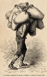 Purkkikauppias, luonnos vilkkaasta Madridista. Gustave Doren (1832-1883) kaiverrus havainnollistamaan hänen matkaansa Espanjaan Ch. Davillier (toimittaja), vuonna 1862, julkaistu "" Le tour du monde""" 1869, toimittanut Edouard Charton, Hachette painos, Pa
