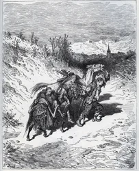 Kyntäjä tuo Don Quijoten ja Rossinanten takaisin kylään - Miguel Cervantesin "Don Quijote de la Manchasta"