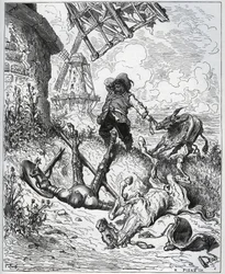 Hyökkäyksen jälkeen antaa tuulimyllyt - "" Misericorde! "" Sancho - Miguel Cervantesin (1547-1616) "" Don Quijote de la Manchasta" (Don Quijote) - Puupiirros Gustave Doren piirtämänä