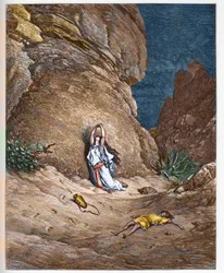 Agar (Hagar) ja hänen poikansa Ismail (Ismael) autiomaassa sen jälkeen, kun Abraham karkotti heidät - Agar (Hagar) ja hänen poikansa Ismael (Ishmael) autiomaassa sen jälkeen, kun Abraham ajoi heidät pois - kaiverrus teoksessa "Kuvitettu Raamattu", kuvitus
