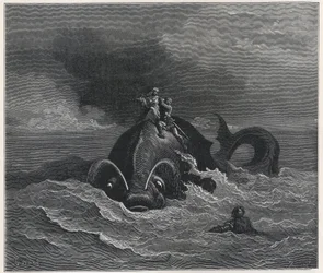 "Alcina (Alcina) ja Renaud (Rinaldo) kantavat Astolfoa (Astholfo) valaan selässä" (Orlando furioso) Ludovico Ariosto (1474-1533) 1800-luku (kaiverrus)