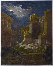 Babylonin raunio - Babylonin kukistuminen - Babylon raunioina (Pyhän Johanneksen näky) - Kaiverrus Gustave Doren (1832-1883) "The Bible illustree" -kirjaan - Kaiverrus "" Dore Biblesta""