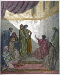 Sadanpäämies Corneliuksen kaste - Sadanpäämies Cornelius ottaa vastaan uskon Jeesukseen Kristukseen, ja pyhä Pietari kastaa hänet. - Kaiverrus teoksessa ”The Bible illustree”, Gustave Doré (1832-1883) - Kaiverrus teoksesta ”The Dore Bible”