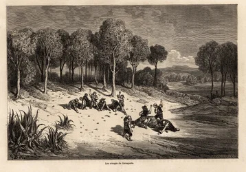 Carcagenten appelsiinittaistelu, Gustave Doren (1832-1883) piirustus havainnollistamaan hänen matkaansa Espanjaan C.Davillierin kanssa vuonna 1862. Kaiverrus kirjaan "" Le tour du monde", toimittanut Edouard Charton