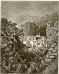 Raamattu: Jerikon muurien sortuminen. Gustave Doren kaiverrus, noin 1860.