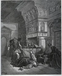 Camilla teeskentelee itsemurhaa Lotharion ja Leonelan edessä - Miguel de Cervantesin (1547-1616) teoksesta ”Don Quijote de la Mancha” (Don Quijote) - puupiirros Gustave Dorén piirustuksen mukaan