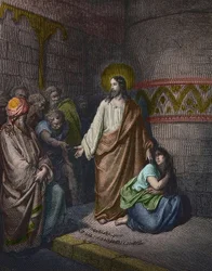 "Kristus ja avionrikkojanainen", kuvitus Gustave Doré (1832-1883) - Jeesus ja aviorikoksesta tavattu nainen - kaiverrus Gustave Doré - myöhempi väritys