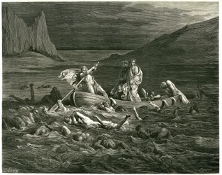 Dante ja Vergilius purjehtivat Nocher Phlegyaksen johdolla Styx-joella, jossa kahlaavat damnit, jotka yrittävät kiivetä veneeseen. Kaiverrus Dante Alighierin teoksesta The Hell (Divine Comedie), jonka on kuvittanut Gustave Dore. Ranskalainen painos vuodelt