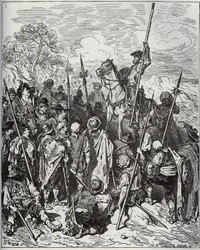 Don Quijote ja Sancho kyläläisten laivueen kanssa - Miguel Cervantesin (1547-1616) "Don Quijote de la Mancha" (Don Quijote) - Gustave Doren piirtämän puupiirros