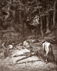 Don Quijote ja Sancho Panza virkistävät niitä purossa Gustave Doren (1832-1883) kaiverrus Miguel de Cervantesin (1547-1616) "L