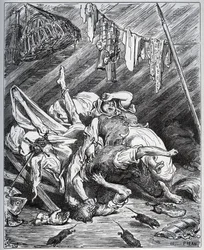 Don Quijote ja muulinajaja taistelevat Maritornesista, taloudenhoitajasta, jota Don Quijote pitää Dulcineanaan - Miguel de Cervantesin (1547-1616) teoksesta "Don Quijote de la Mancha" (Don Quijote) - puupiirros Gustave Dorén piirustuksen mukaan