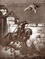 Don Quijote ei pysty pysäyttämään Sancho Pancan kantoraketteja, jotka saavat hänet pomppimaan huovalla (Don Quijoten huomautukset eivät vaikuta heittäjiin) Gustave Doren (1832-1883) kaiverrus kappaleeseen "L