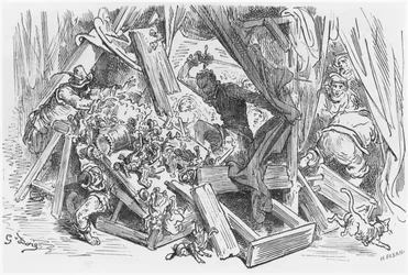 Don Quijote taistelee nukkeja vastaan, kuvitus Miguel Cervantesin (1547-1616) Don Quijote de la Manchasta, kaiverrettu Heliodore Joseph Pisan (1822-90)