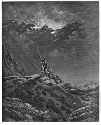 Don Quijote lähtee lähetystyöhön Dorotheelle, mukana parturi Sancho Panza, Dorothee, parturi ja Cardenio - Miguel Cervantesin (1547-1616) "Don Quijote de la Manchasta" (Don Quijote) - Gustave Doren piirtämän puupiirros
